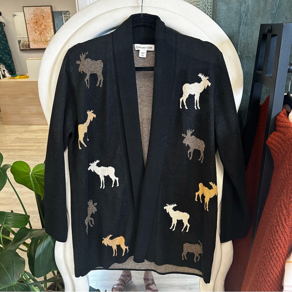 Coldwater Creek Black Ribbed Cardigan with Moose